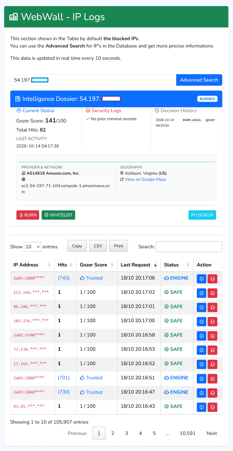 WebWall v.2.3 - Search IP and quick actions